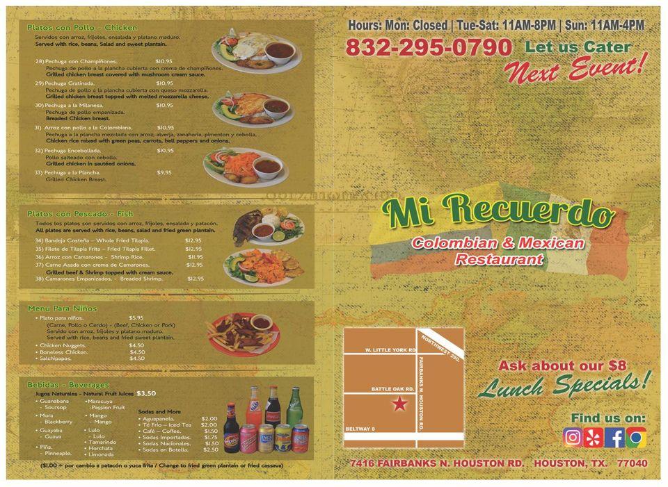 Menu at Mi Recuerdo Colombian & Méxican Restaurant, Houston