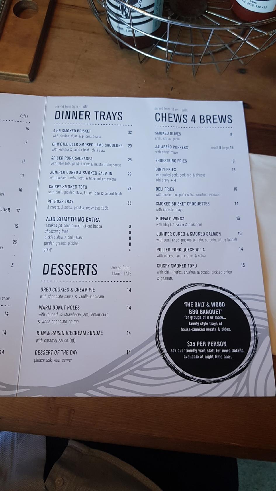 Menu at Salt and Wood BBQ, Waikanae