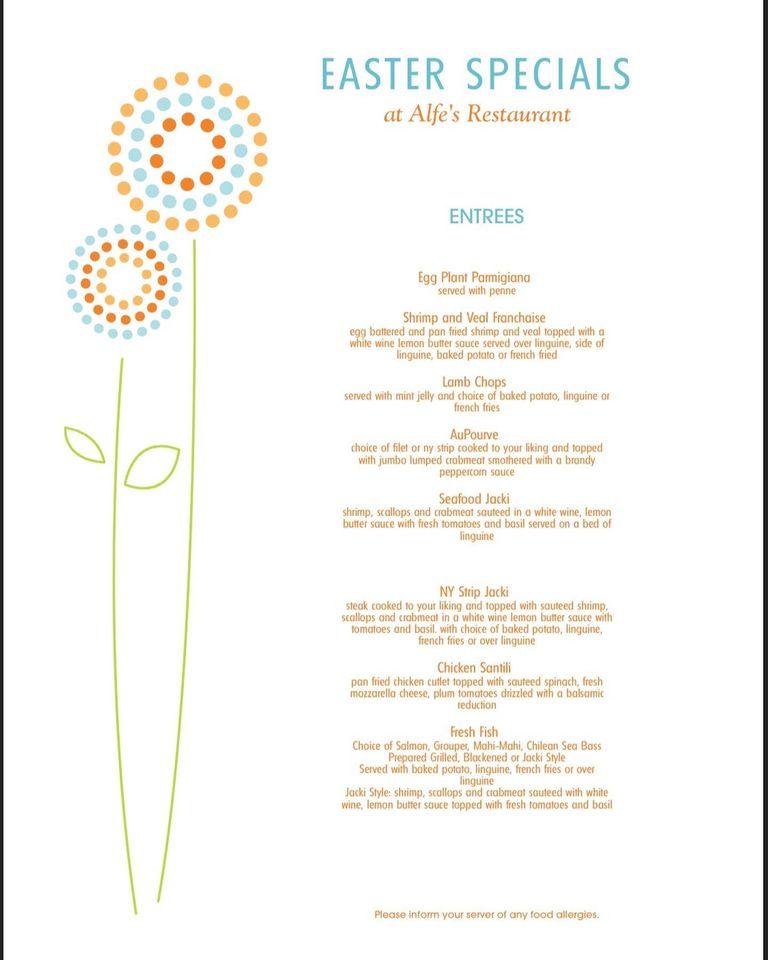 Menu at Alfe's Restaurant, Wildwood