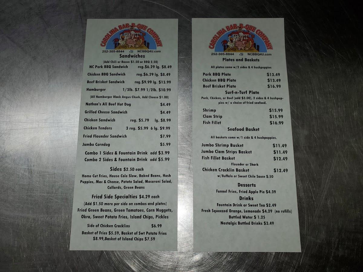 Menu at Carolina Bar-B-Que & Seafood Company, Manteo