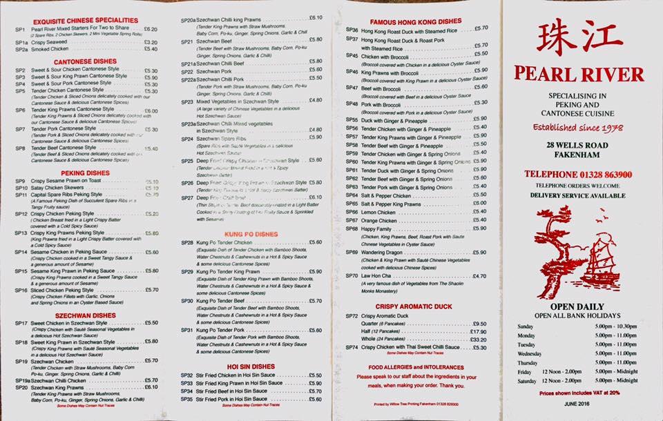 Menu at Pearl River fast food, Fakenham