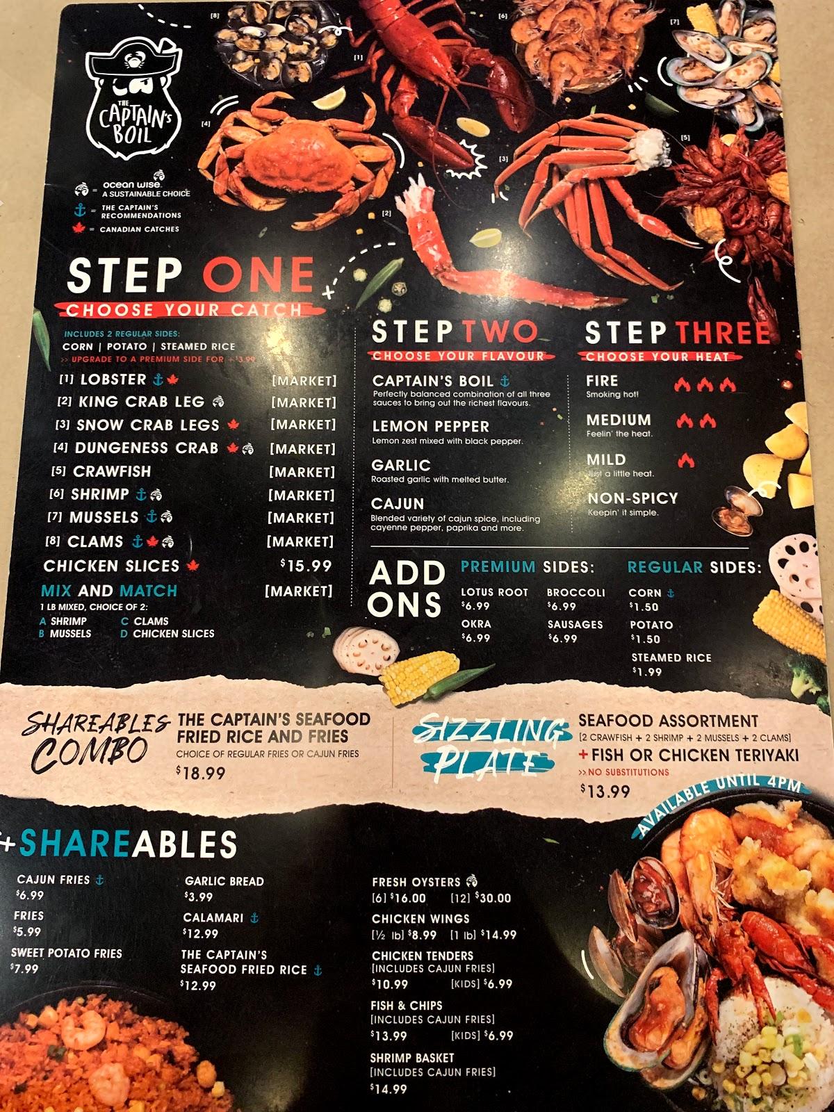Menu at The Captain's Boil restaurant, Mississauga, 720 Burnhamthorpe