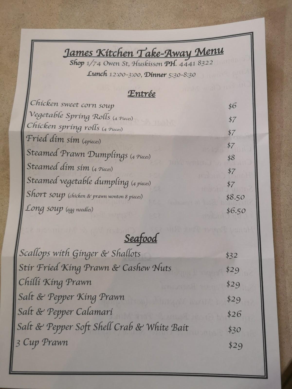 Menu at James Kitchen restaurant, Huskisson