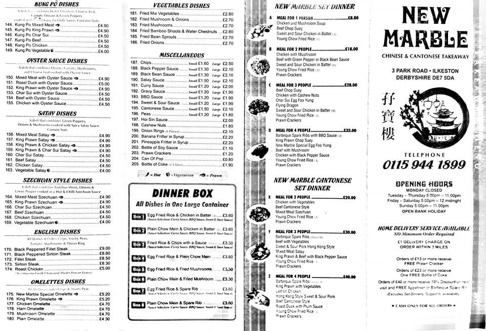 Menu at The New Marble fast food, Ilkeston