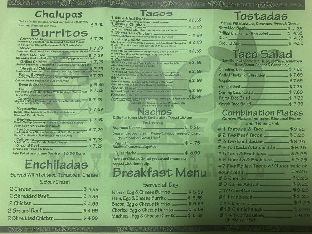 Menu at Taco Express Mexican Grill Columbia restaurant, Columbia