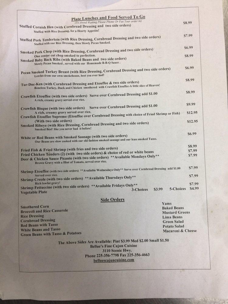 Menu at Bellue's Fine Cajun Cuisine restaurant, Baton Rouge, Scenic Hwy
