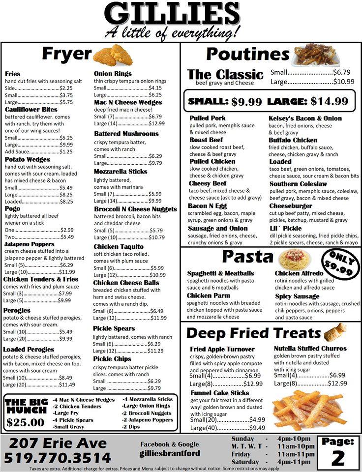 Menu at Gillies Takeout pizzeria, Brantford