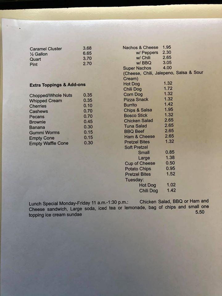 Menu at McCarry's Dairyland, Jerseyville