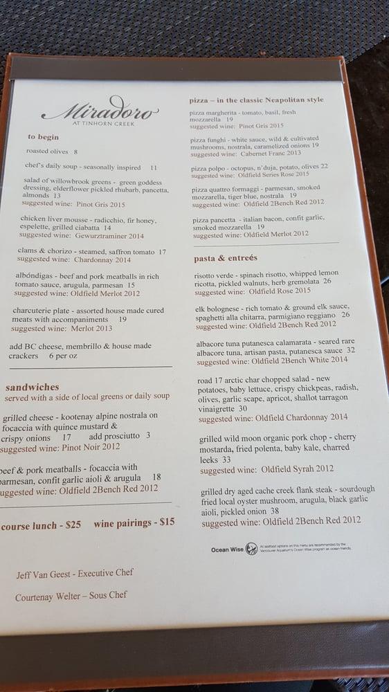 Menu at Miradoro Restaurant at Tinhorn Creek, Oliver, 537 Tinhorn Creek Rd
