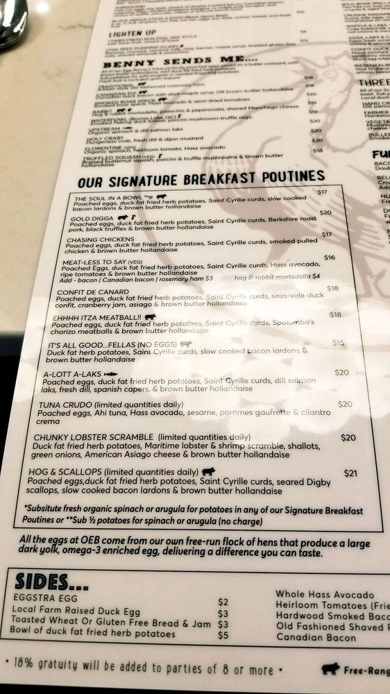 Menu at OEB Breakfast Co. restaurant, Vancouver