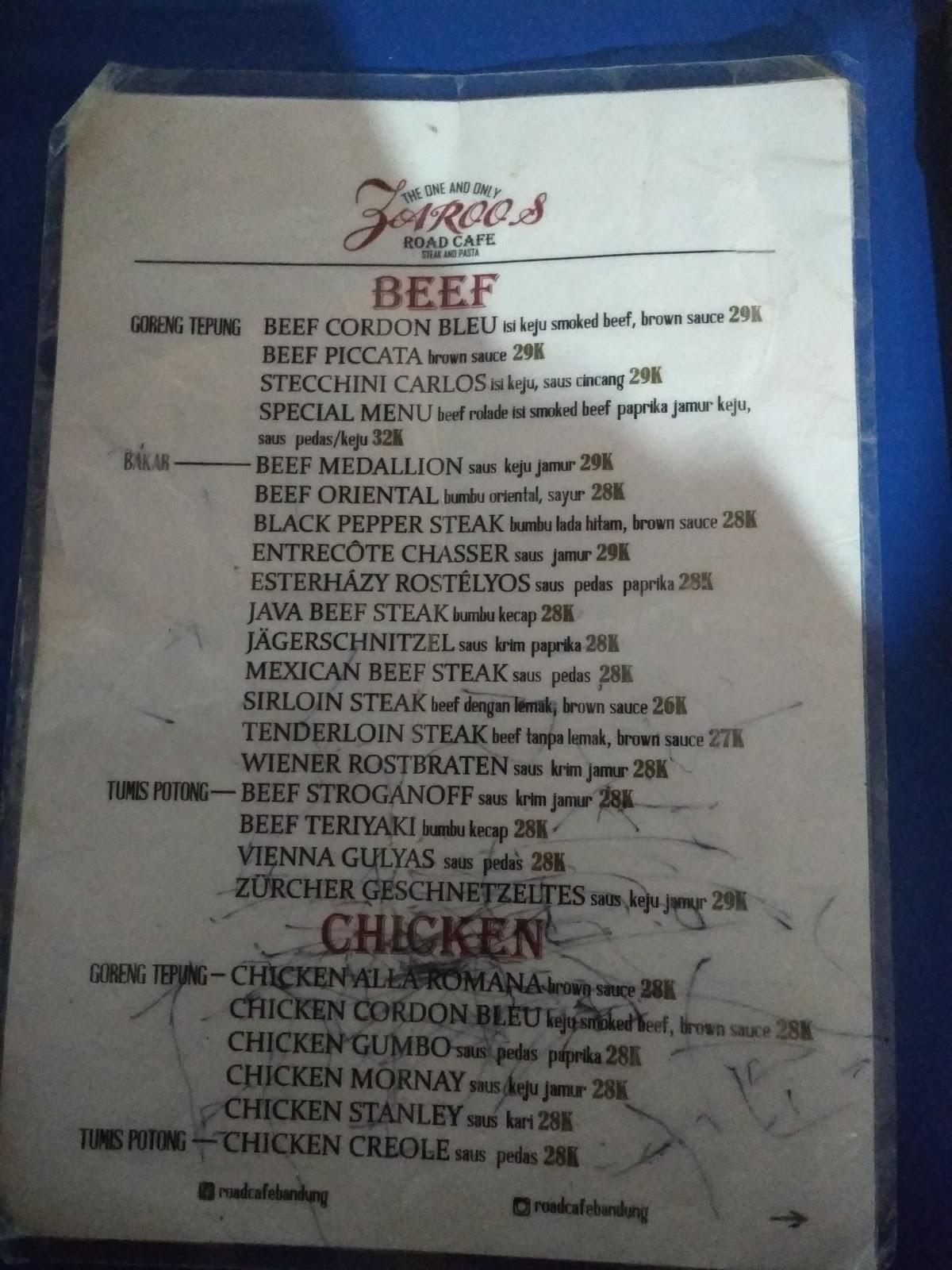 Menu at Road Cafe, Bandung, Cilaki St No.41