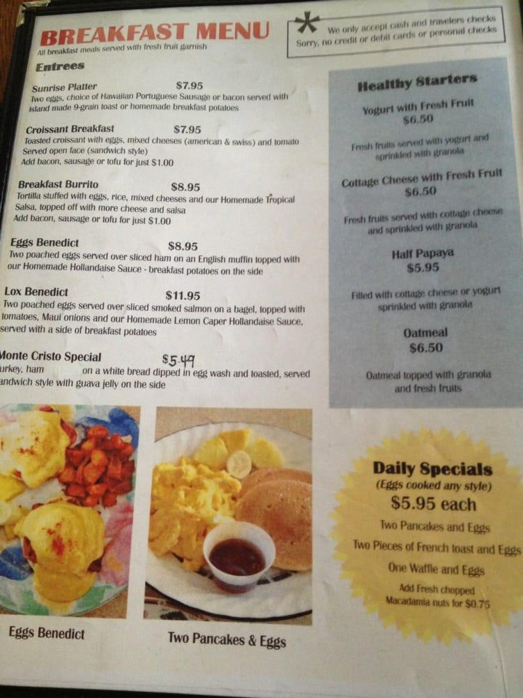 Menu at Sunrise Cafe, Lahaina