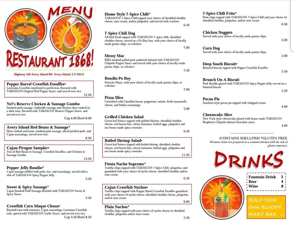 Menu at TABASCO Restaurant 1868, Avery Island, LA329