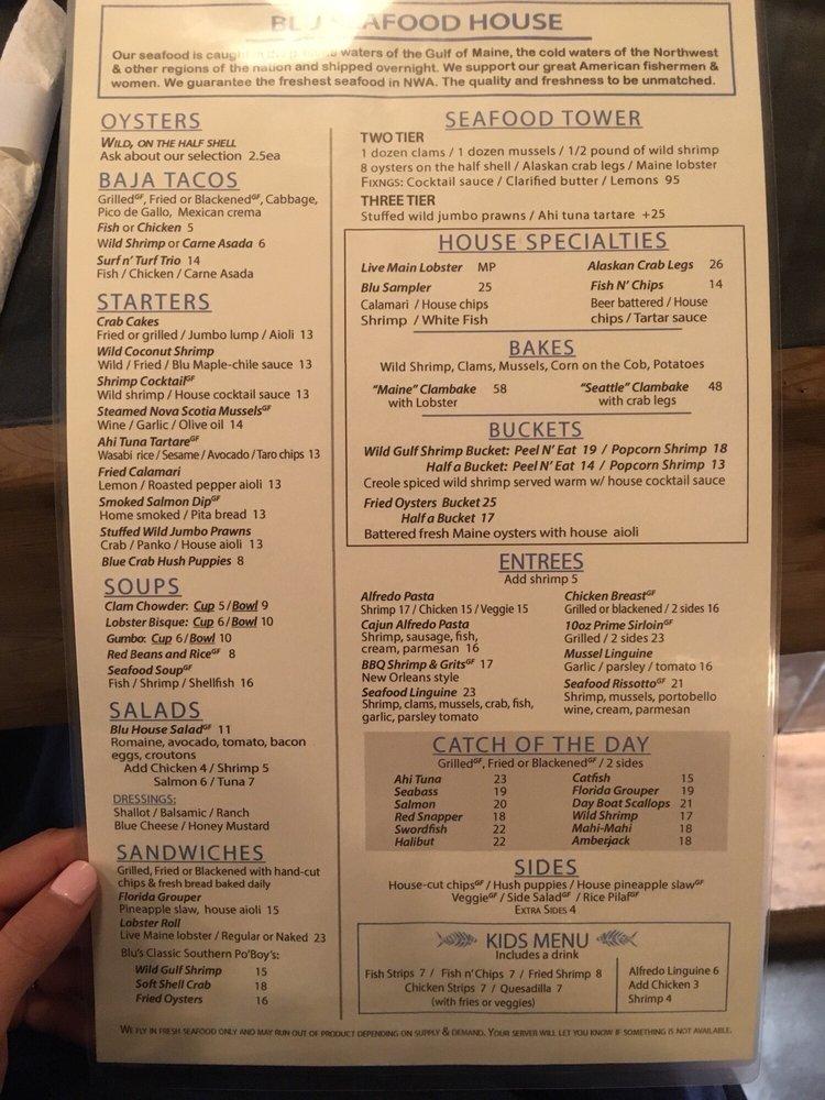 Menu at Blu Fish House restaurant, Bentonville