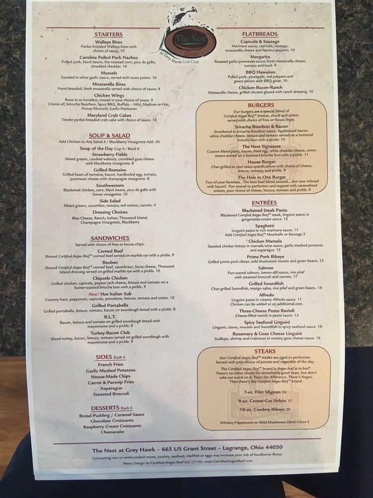 Menu at The Nest at Grey Hawk restaurant, LaGrange