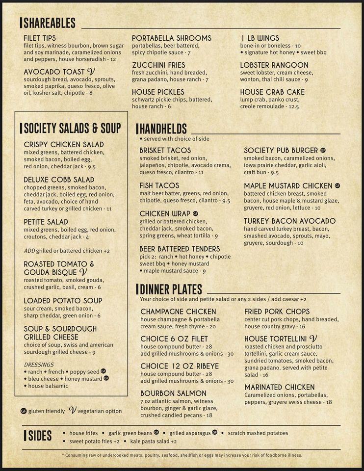 Menu at Blind Society pub & bar, Vandalia