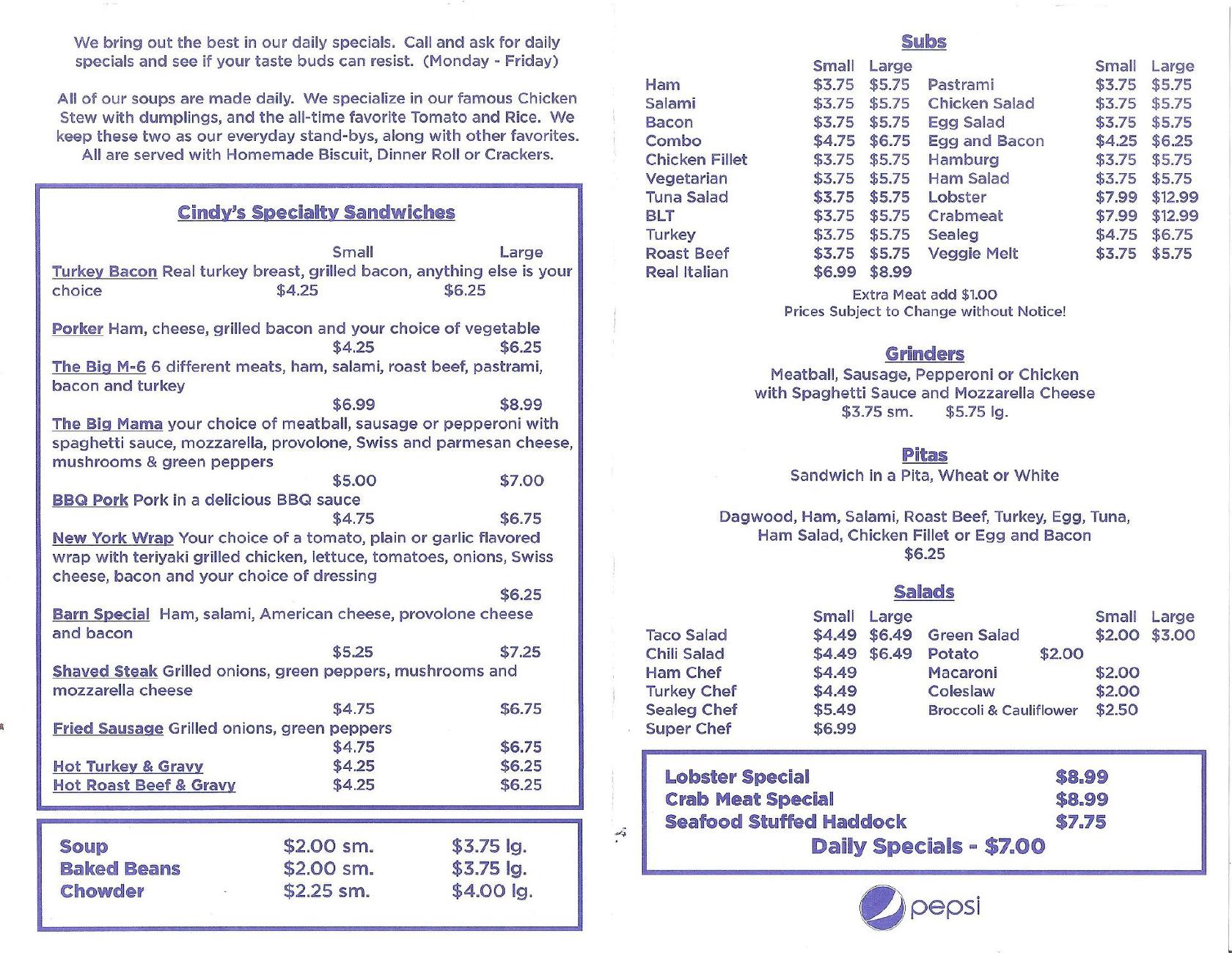 Menu at Cindy's Sub Shop restaurant, Caribou