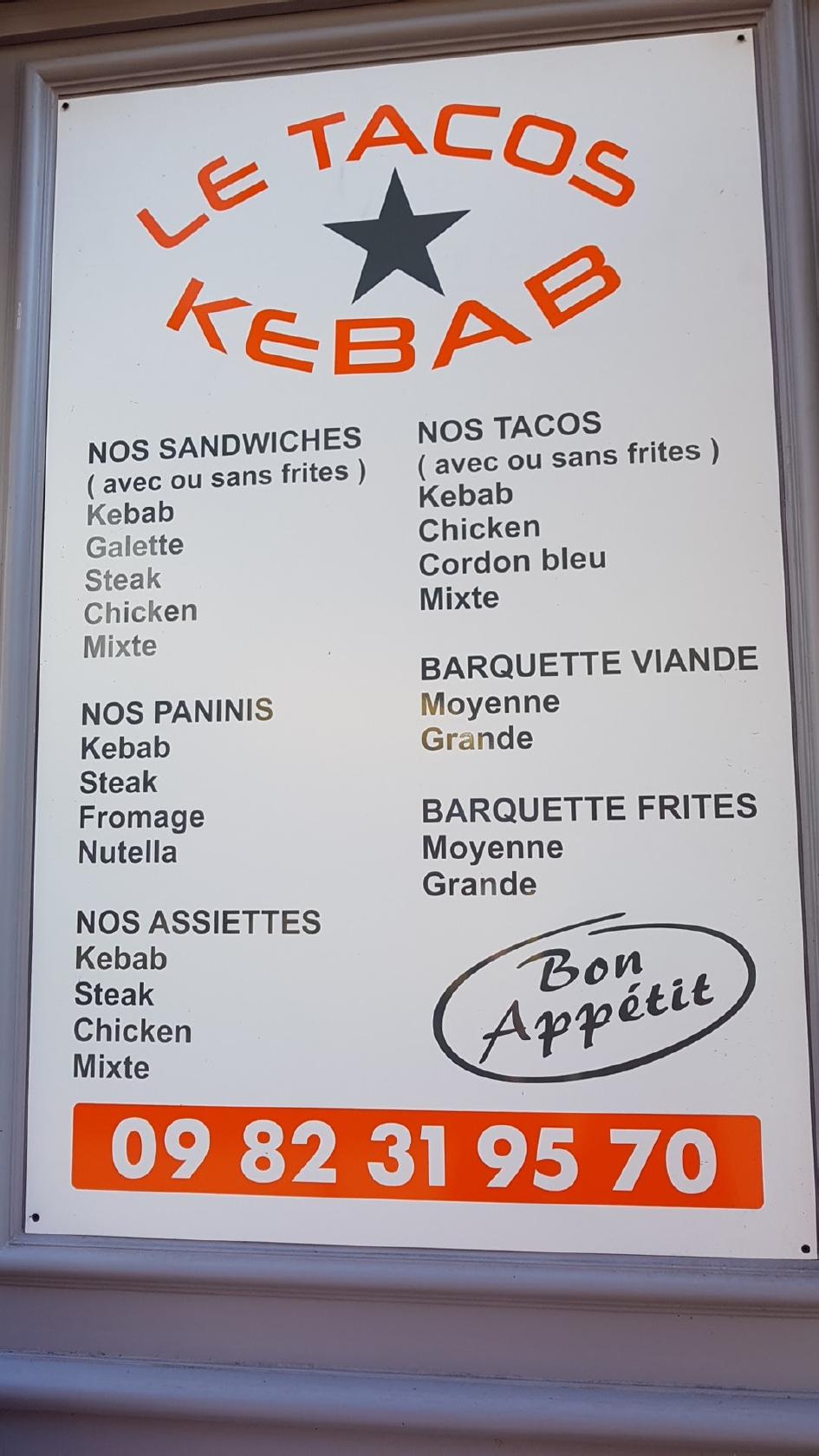Menu au Le Tacos Kebab restaurant, Tulle