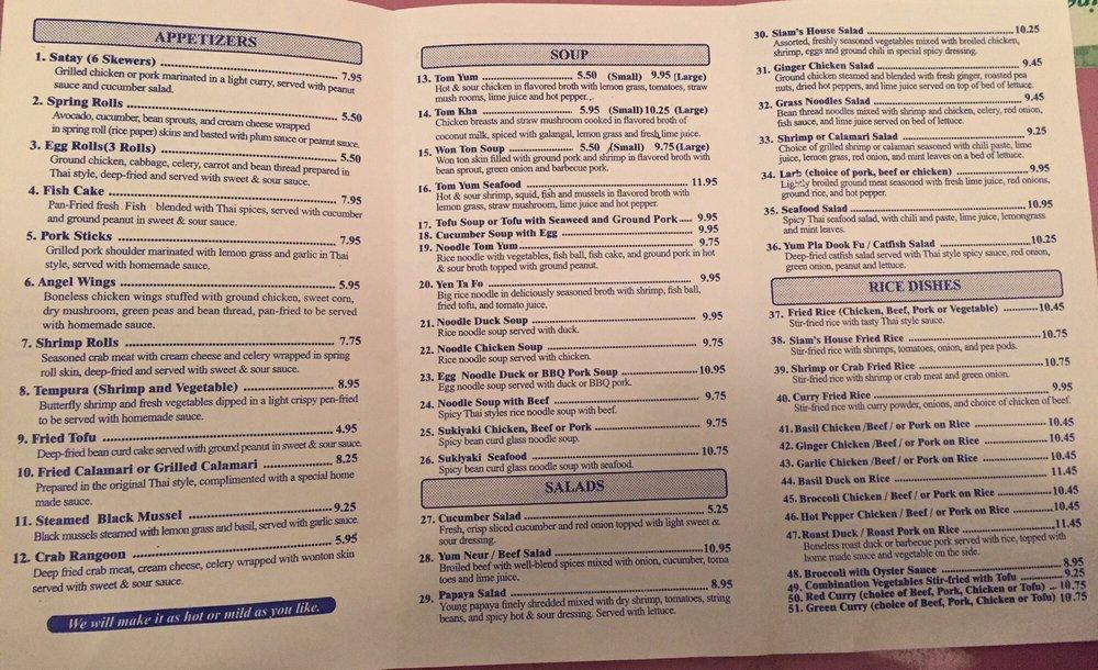Menu at Siam's House Restaurant, Niles