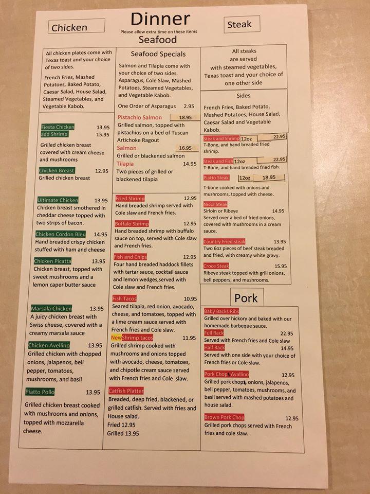 Menu at Bel Piatto restaurant, Kosciusko, Veterans Memorial Dr