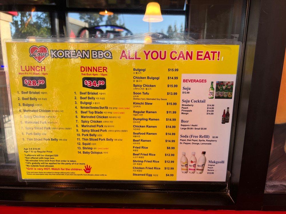 Menu at Love Korean B.B.Q BBQ, Bakersfield