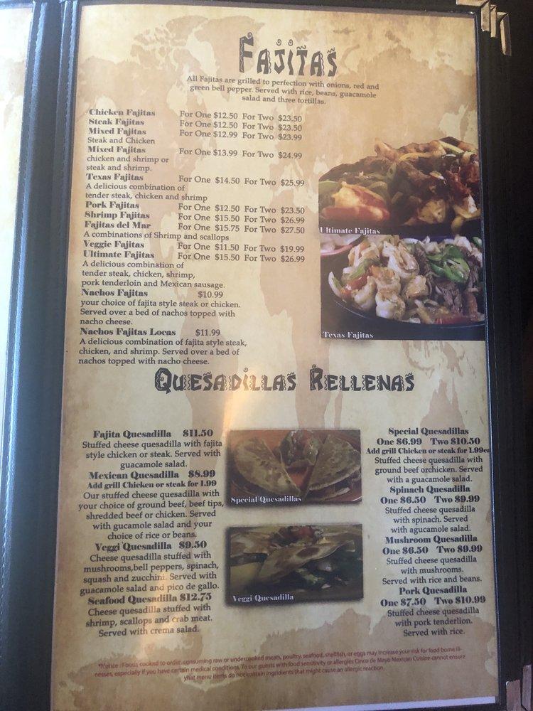 Menu at Cinco de Mayo Mexican Cuisine restaurant, Moncks Corner