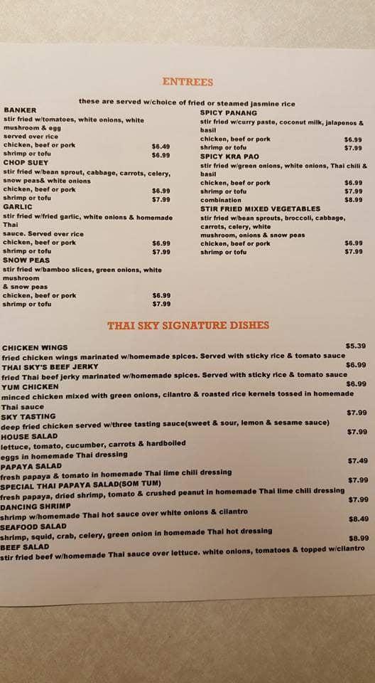 Menu at Thai Sky restaurant, Friona