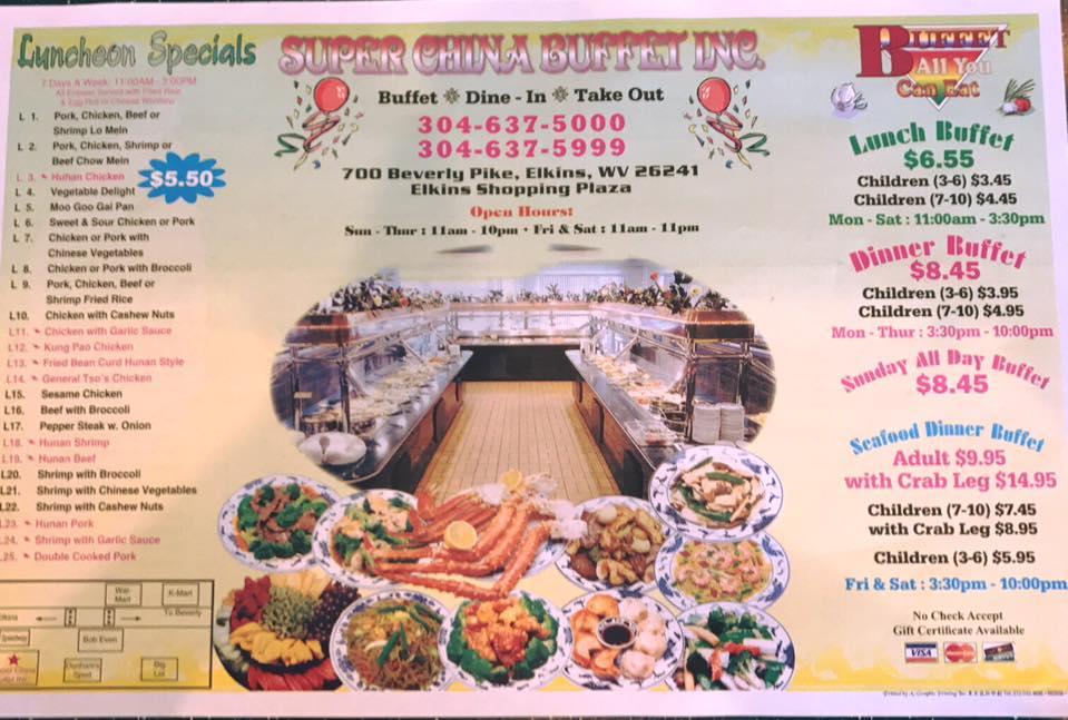 Menu at Super Buffet restaurant, Elkins