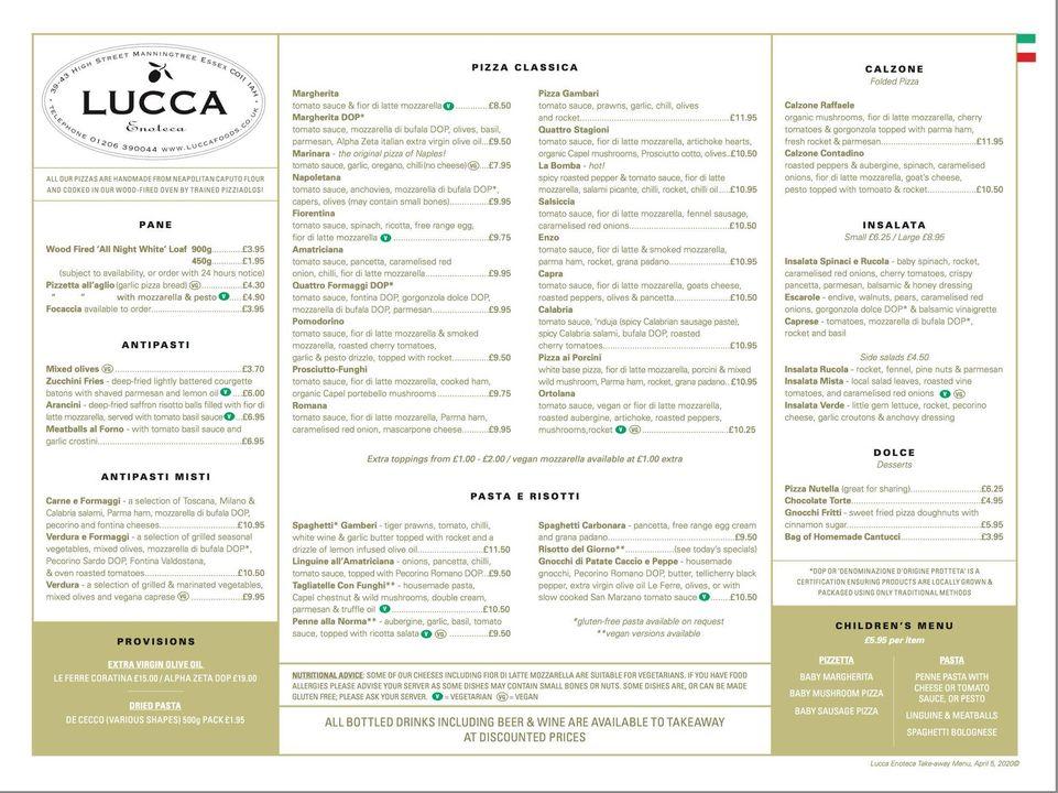 Menu at Lucca restaurant, Manningtree