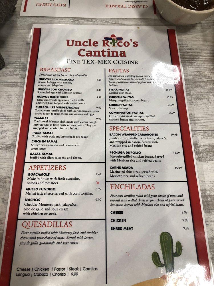 Menu at Uncle Rico's Cantina restaurant, Manassas
