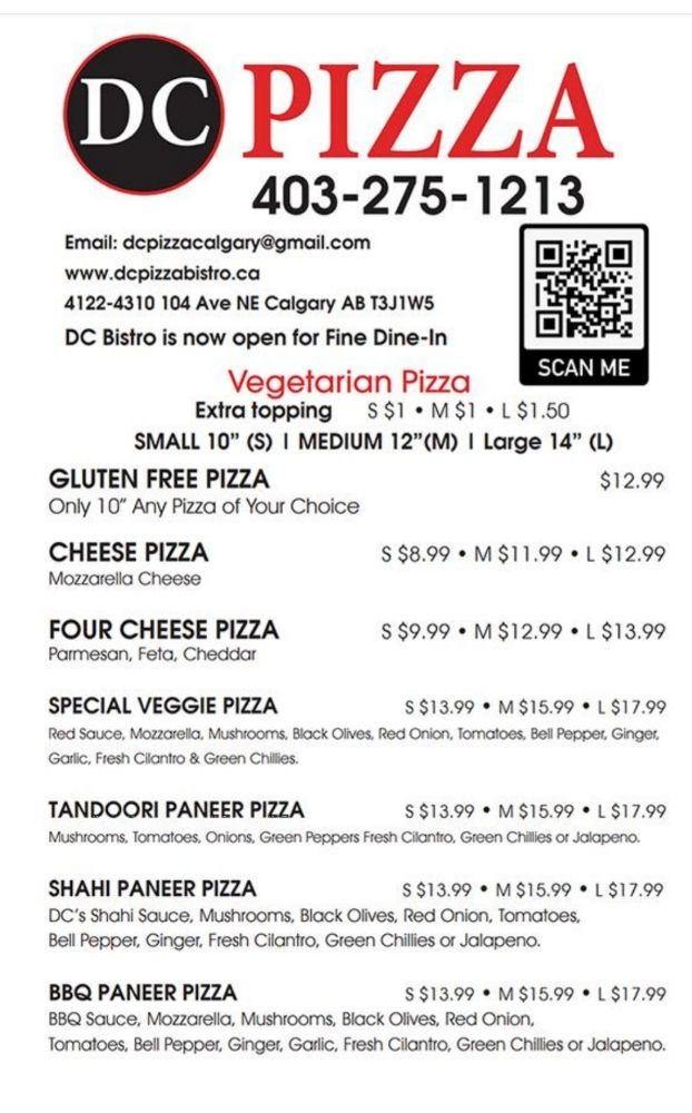 Menu at DC Pizza Bistro & Indian Restaurant, Calgary