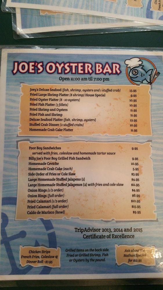 Menu at Joe's Oyster Bar, Port Isabel