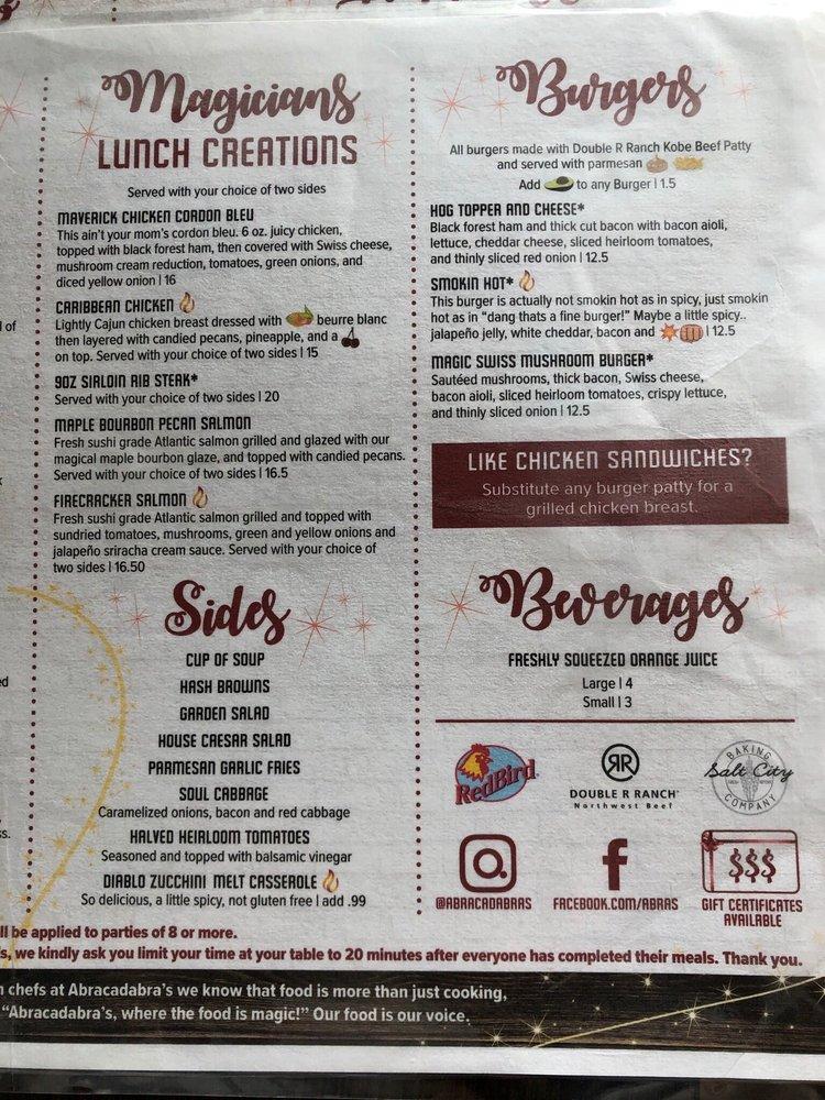 Menu at Abracadabras restaurant, Idaho Falls