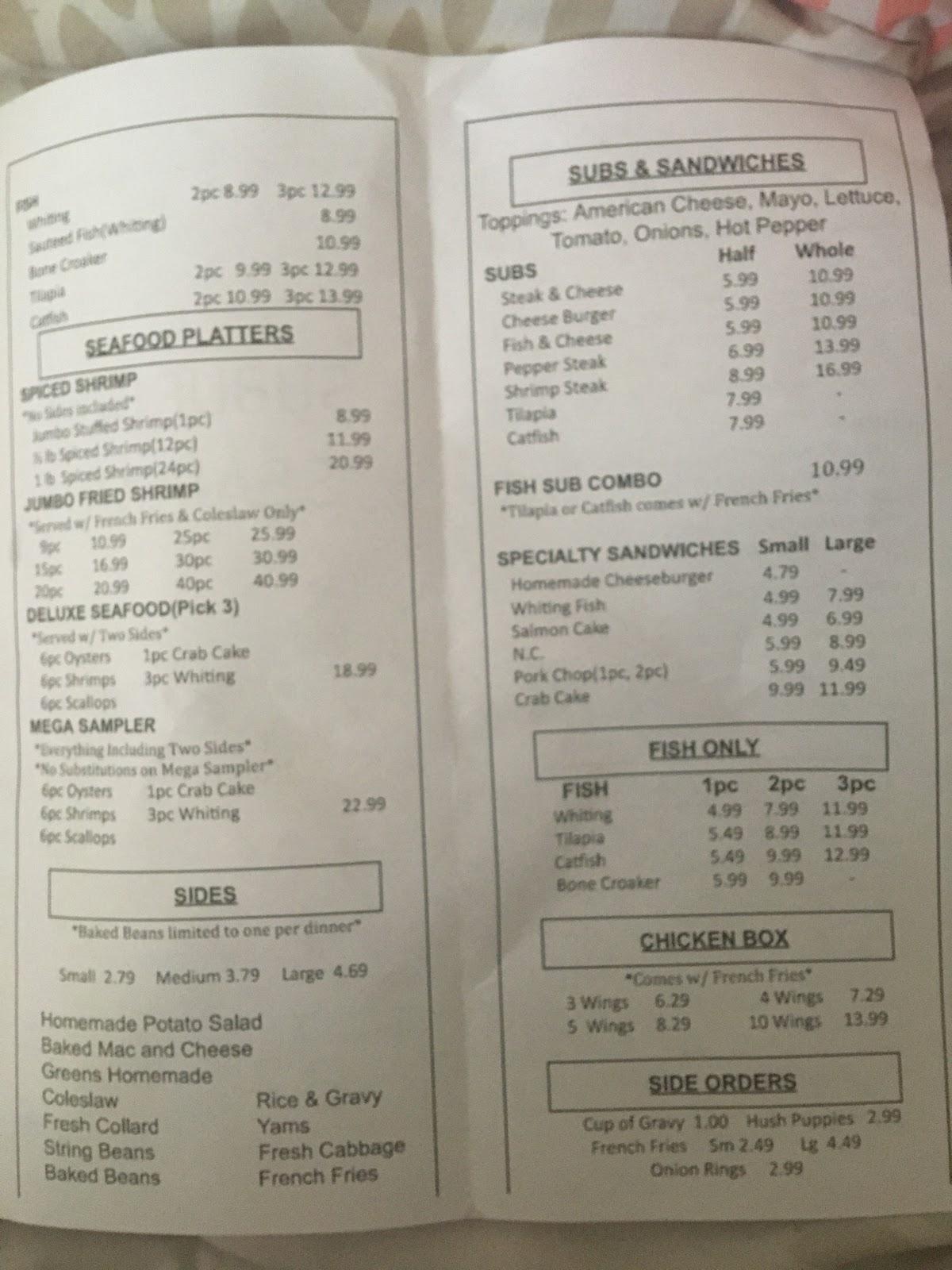 Menu at Suburban Seafood restaurant, Capitol Heights