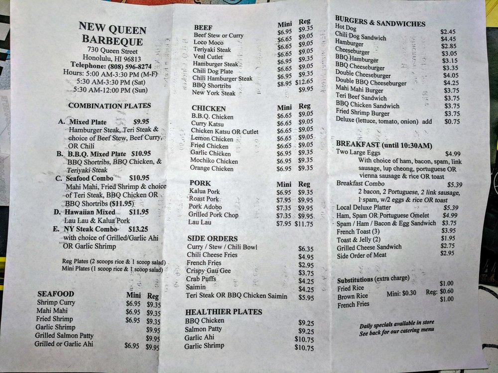 Menu at New Queen Barbeque Honolulu 730 Queen St