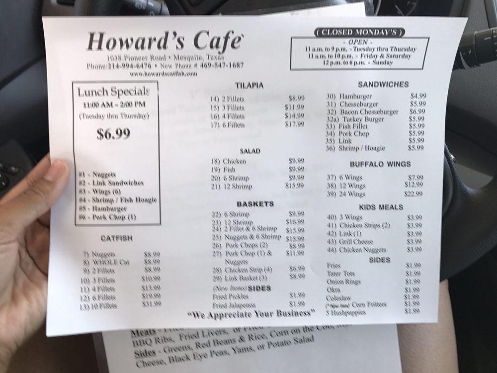 Menu at Howard's Catfish restaurant, Mesquite, Pioneer Rd