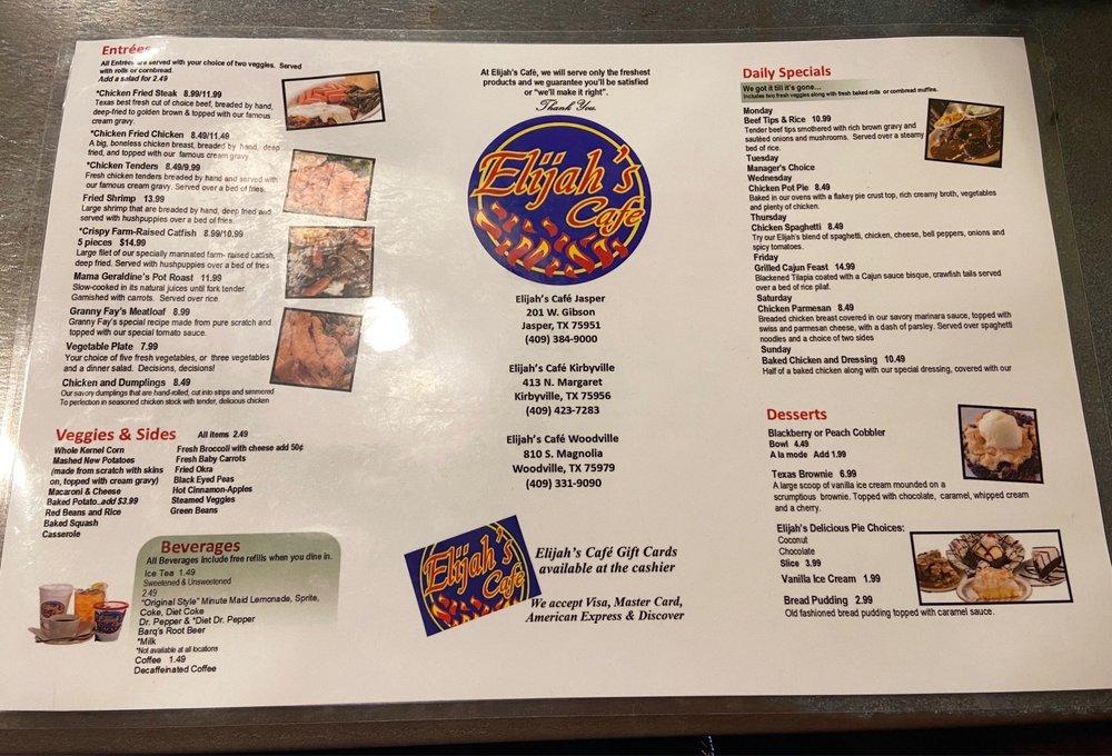 Menu at Elijah's Cafe, Jasper, 201 W Gibson St