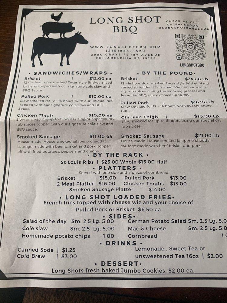 Menu at long shot bbq, Philadelphia