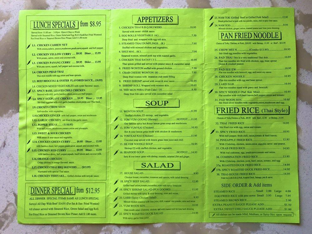 Menu at Thailand House restaurant, Los Angeles