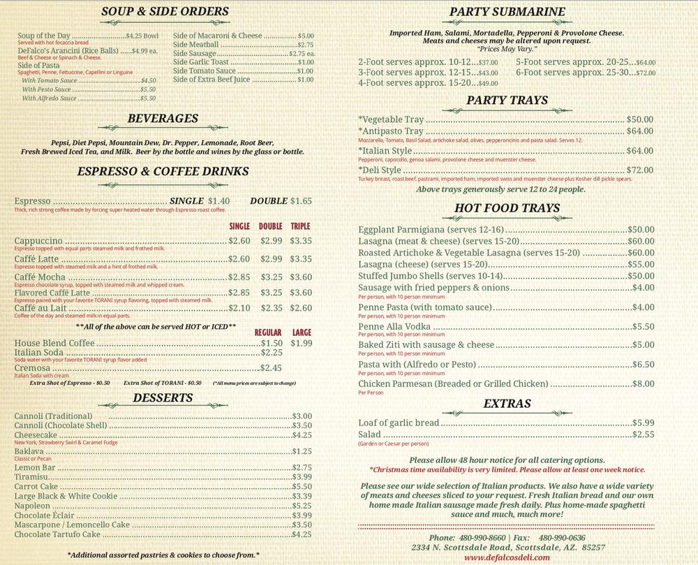 Menu at DeFalco's Italian Deli & Grocery restaurant, Scottsdale, N ...