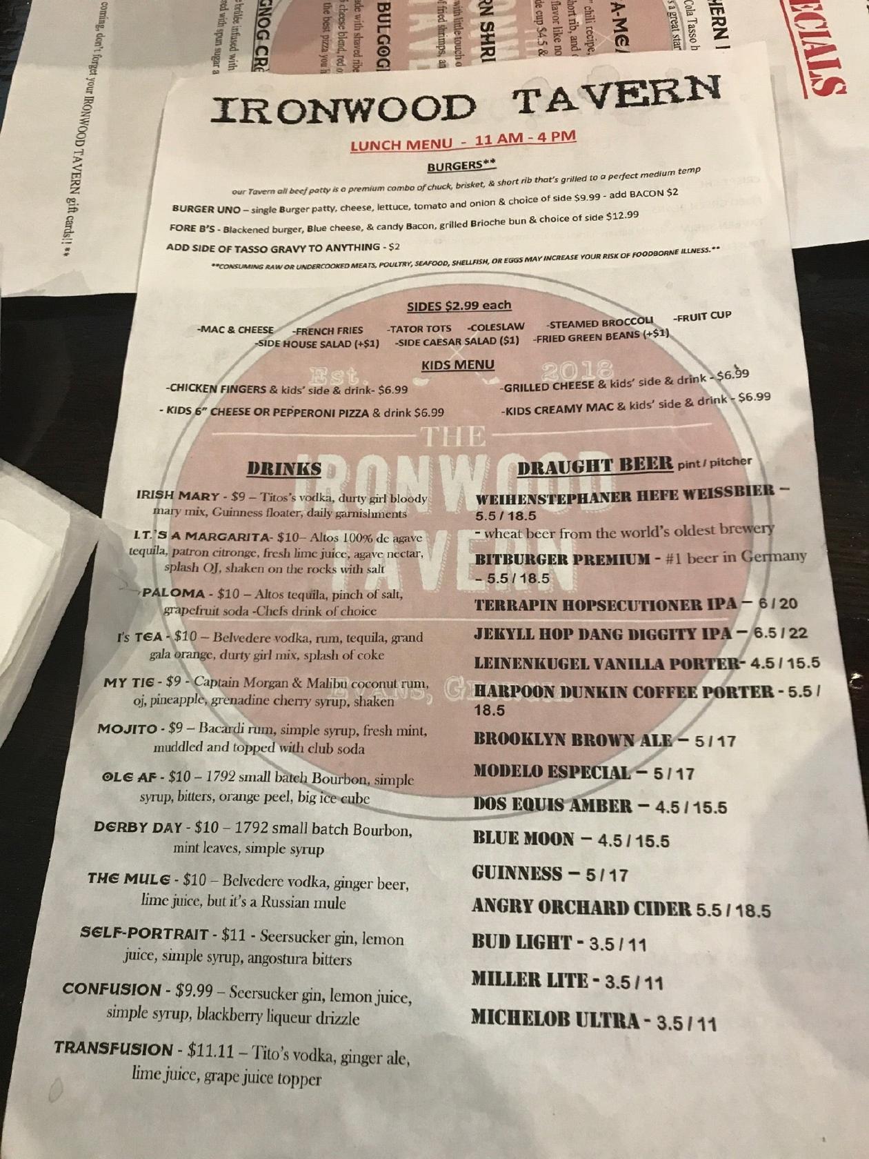 Carta de pizzería Ironwood Tavern, Evans