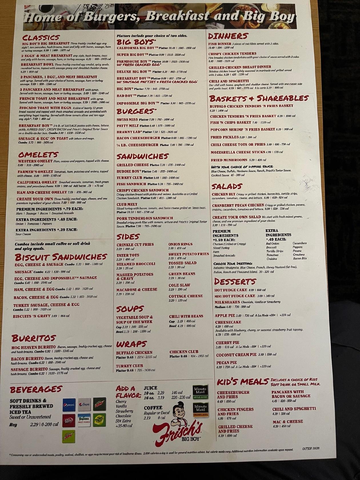 Menu at Frisch's Big Boy Restaurant, Anderson