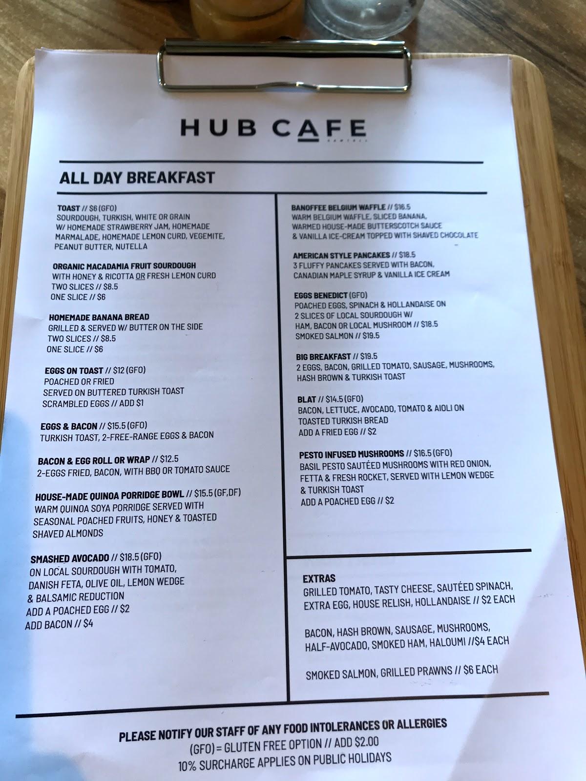 Menu at Hub Cafe Sawtell, Sawtell