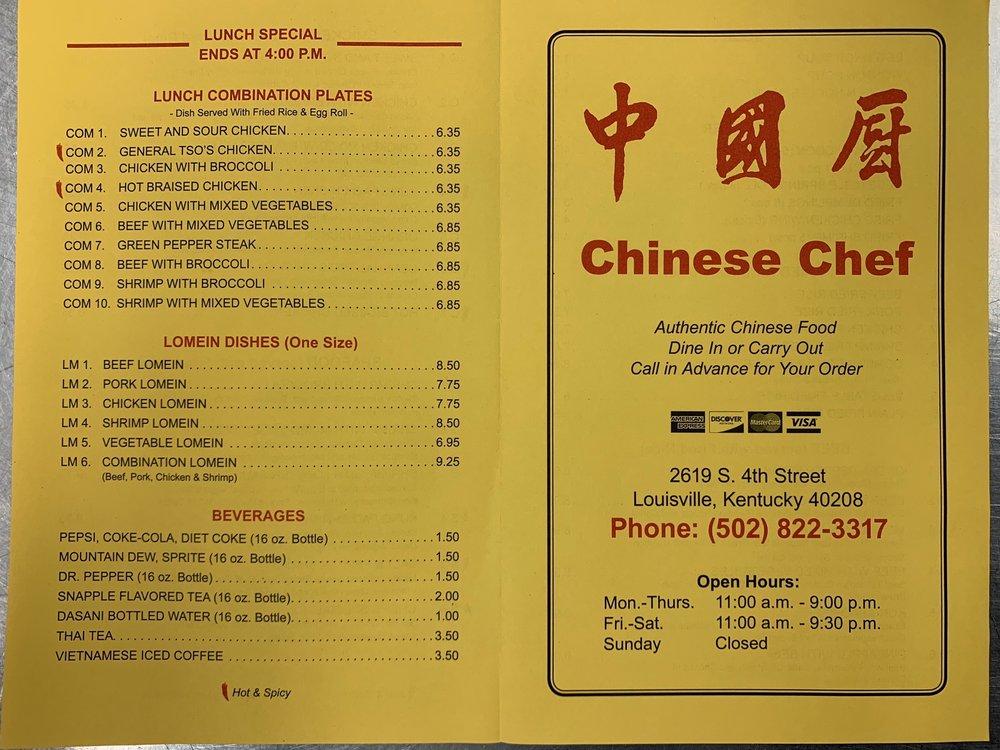 Menu at Chinese Chef restaurant, Louisville