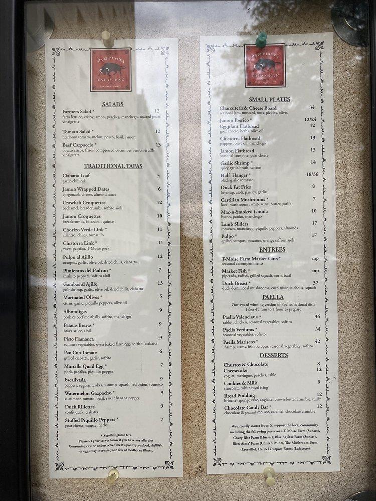 Menu at Pamplona Tapas Bar, Lafayette