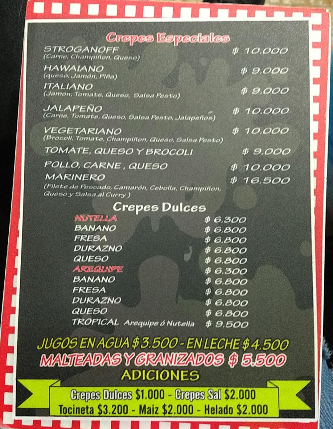 Menu at Colombian Crêpes restaurant, Bogotá, Cl 11A 73a19