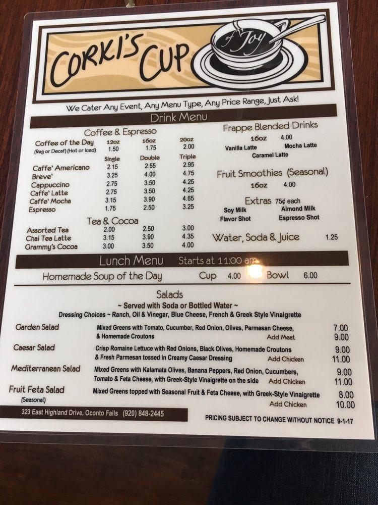 Menu at Corki's Cup Of Joy restaurant, Oconto Falls, 323 E Highland Dr 1