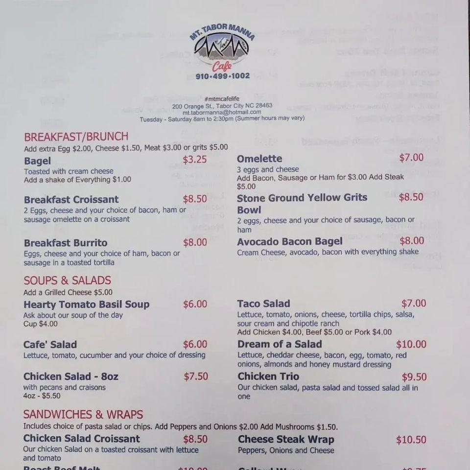 Menu at Mt. Tabor Manna Cafe', Tabor City