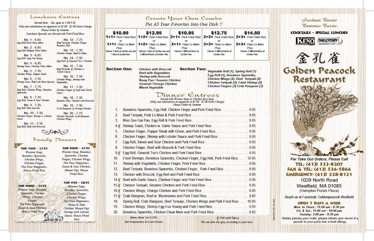 Menu at Golden Peacock restaurant, Westfield