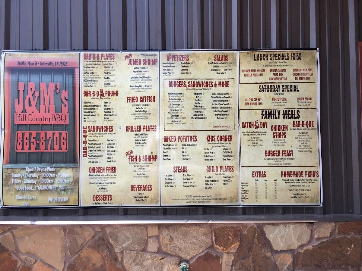 Menu at J & M's Hill Country BarBQ, Gatesville